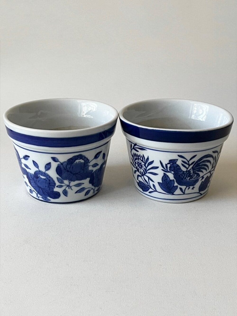 Pair Vintage Blue and White Handpainted Ceramic Planter Pot Rooster Floral